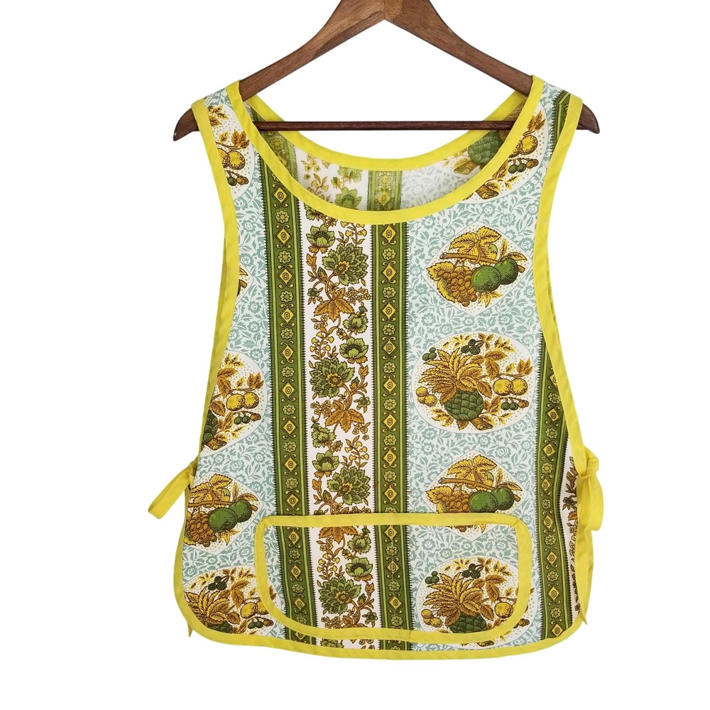 Vintage Handmade Tabard Apron Green Yellow Fruit Floral Botanical Smock Pocket